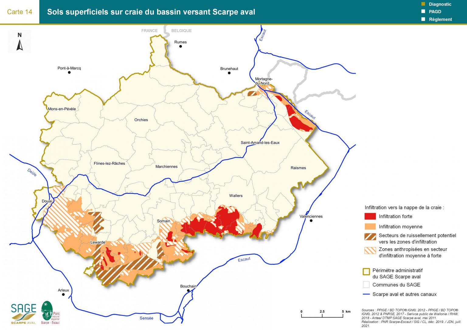 Etat des lieux - Carte 14 : Sols superficiels sur craie du bassin-versant Scarpe aval