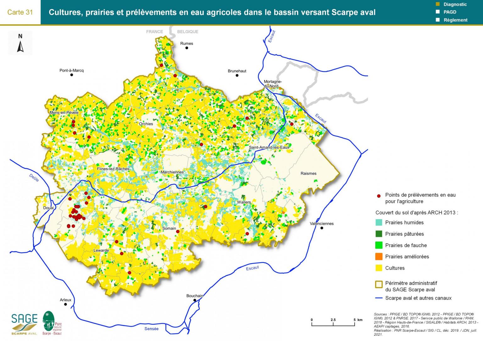 Etat des lieux - Carte 31 : Cultures, prairies et prélèvements en eau agricoles dans le bassin versant Scarpe aval